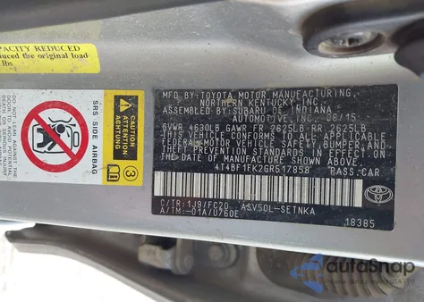 2016 Toyota Camry Le из США, поврежденный, VIN 4T4BF1FK2GR517858